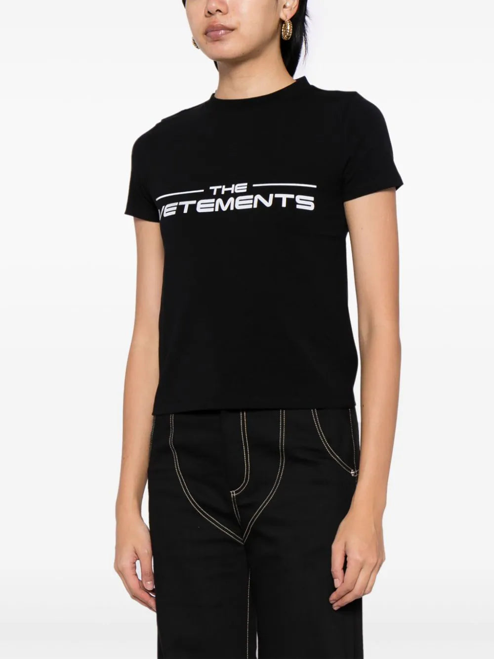 VETEMENTS Logo Print Cotton-Blend Fitted T-Shirt Black - MAISONDEFASHION.COM