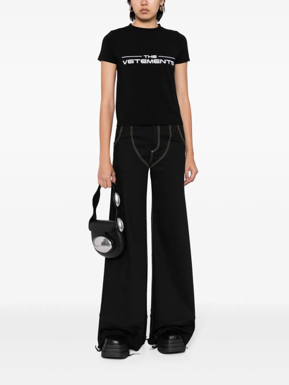 VETEMENTS Logo Print Cotton-Blend Fitted T-Shirt Black - MAISONDEFASHION.COM