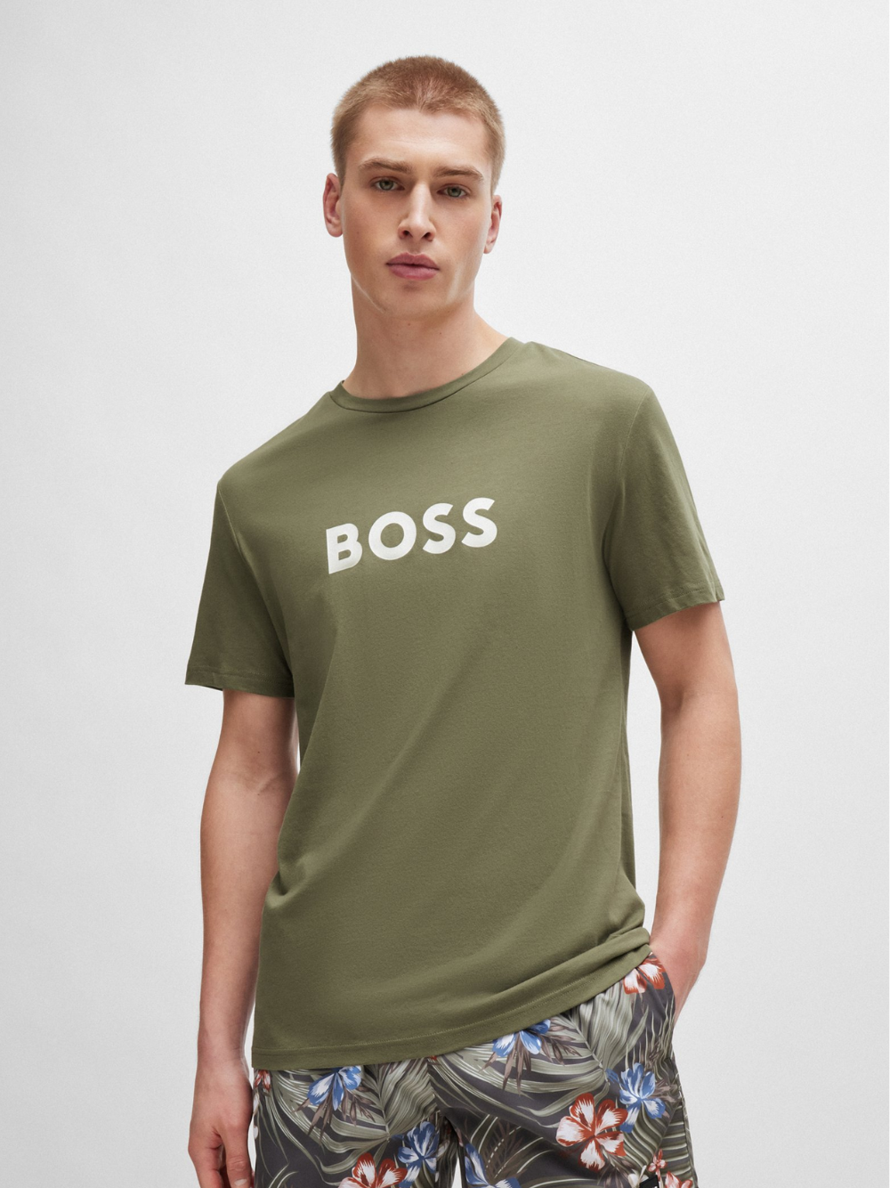 BOSS MEN Logo-print Cotton Regular-fit T-shirt Green Khaki - MAISONDEFASHION.COM