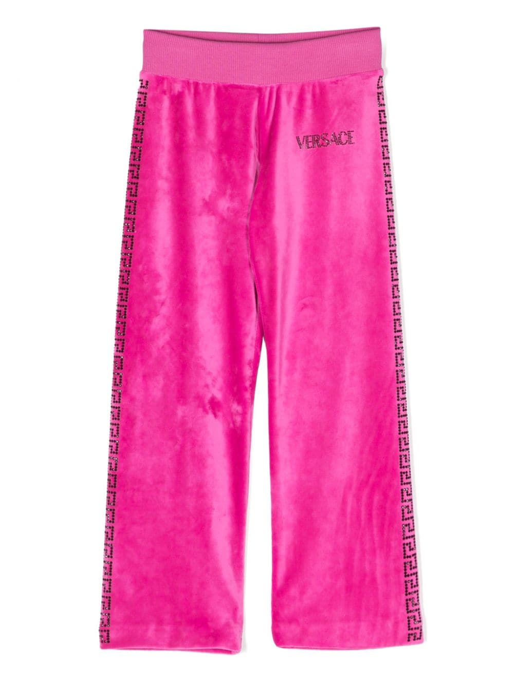 VERSACE KIDS Girls Crystal-embellished Greca-print Trousers Fuchsia Pink - MAISONDEFASHION.COM