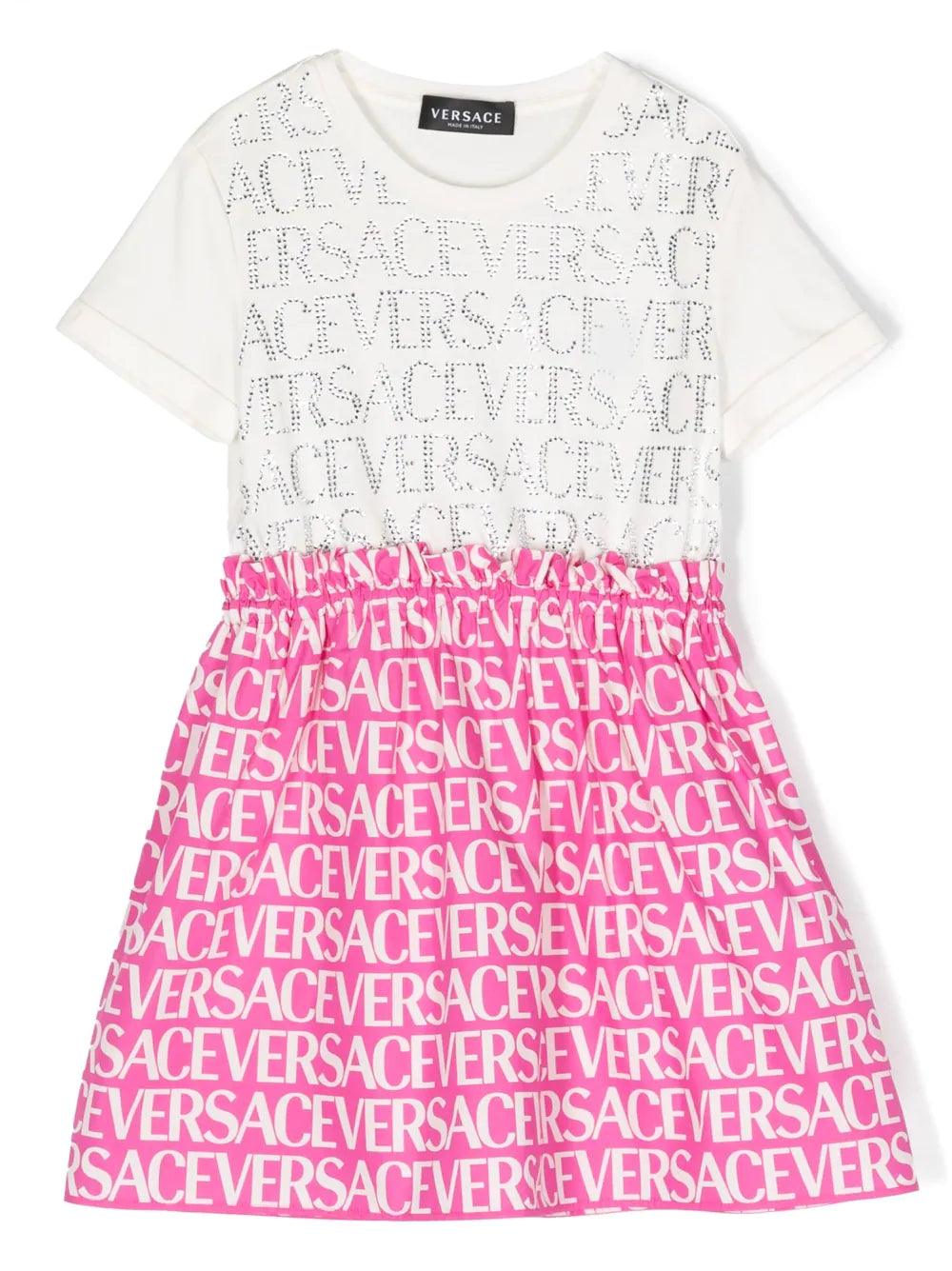 VERSACE KIDS Logo-print Crystal-embellished Dress White/Pink - MAISONDEFASHION.COM