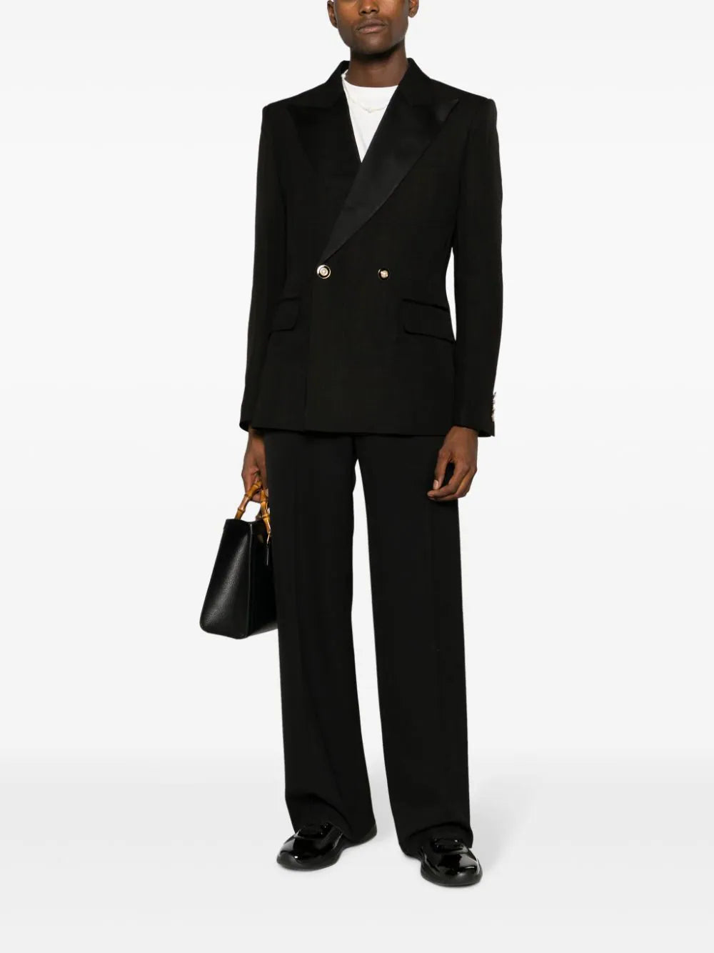 CASABLANCA MEN Silk Satin Tuxedo Peak-Lapels Double-Breasted Blazer Black - MAISONDEFASHION.COM