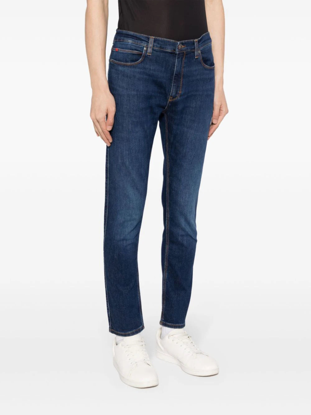 HUGO MEN 734 Cotton Blend Mid Rise Tapered-Leg Jeans Dark Blue - MAISONDEFASHION.COM