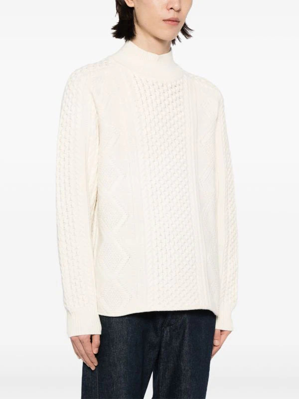 HUGO MEN  Oversized-Fit Cable-Knit Mock Neck Sweater Open White - MAISONDEFASHION.COM