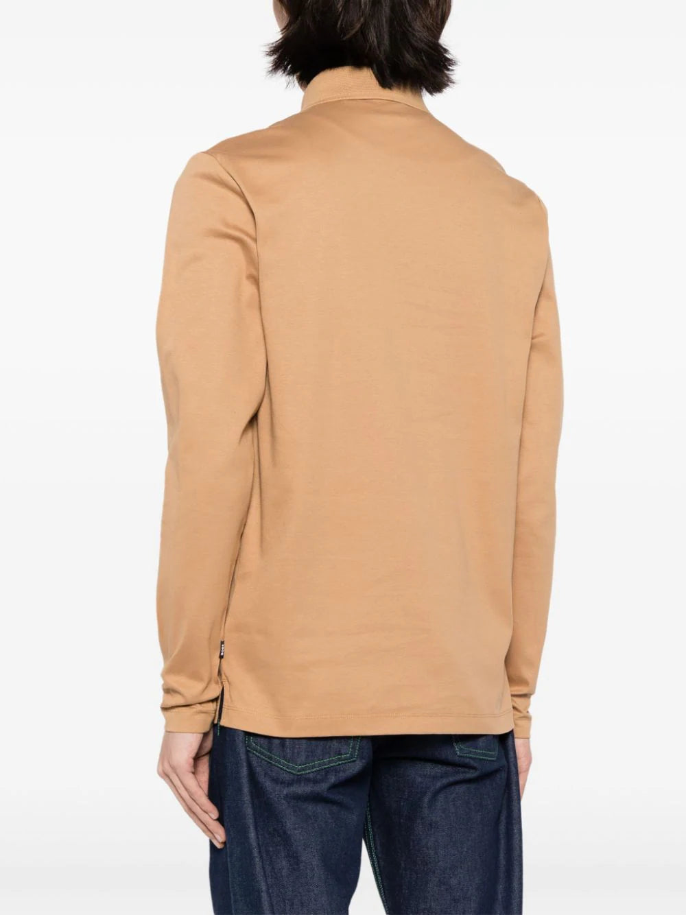 BOSS MEN Logo-Patch Long-Sleeves Cotton Polo Shirt Medium Beige - MAISONDEFASHION.COM