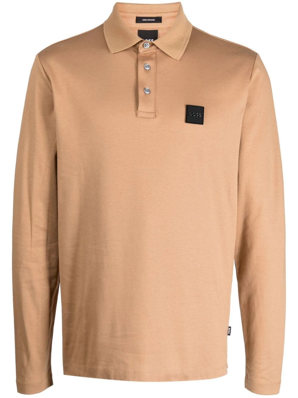 BOSS MEN Logo-Patch Long-Sleeves Cotton Polo Shirt Medium Beige - MAISONDEFASHION.COM