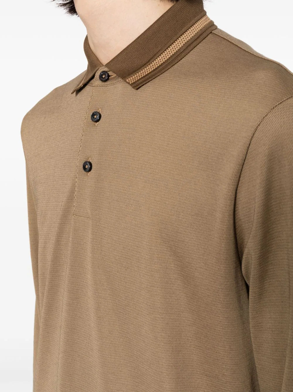 BOSS MEN Long-Sleeved Polo Shirt Open Green Brown - MAISONDEFASHION.COM