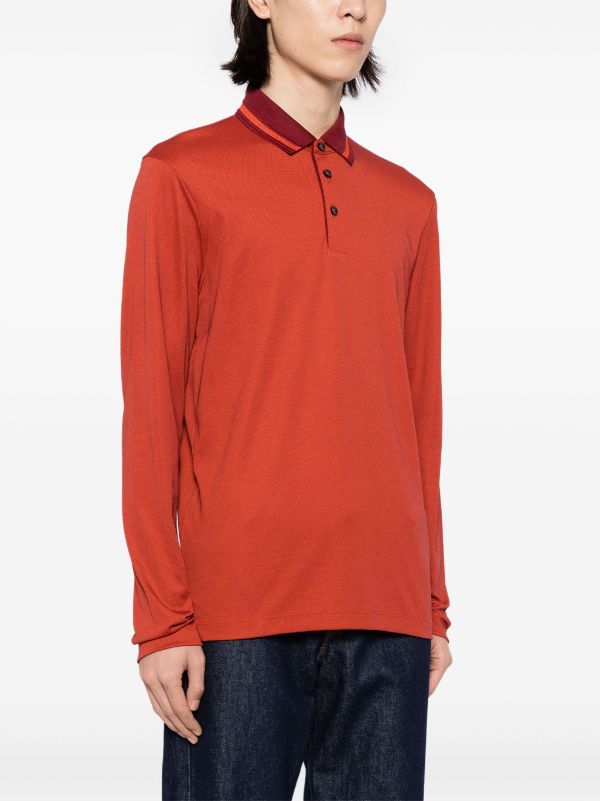BOSS MEN Long-Sleeved Slim-Fit Polo Shirt Woven Pattern Dark Red - MAISONDEFASHION.COM