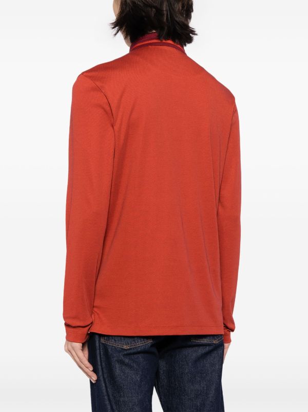 BOSS MEN Long-Sleeved Slim-Fit Polo Shirt Woven Pattern Dark Red - MAISONDEFASHION.COM