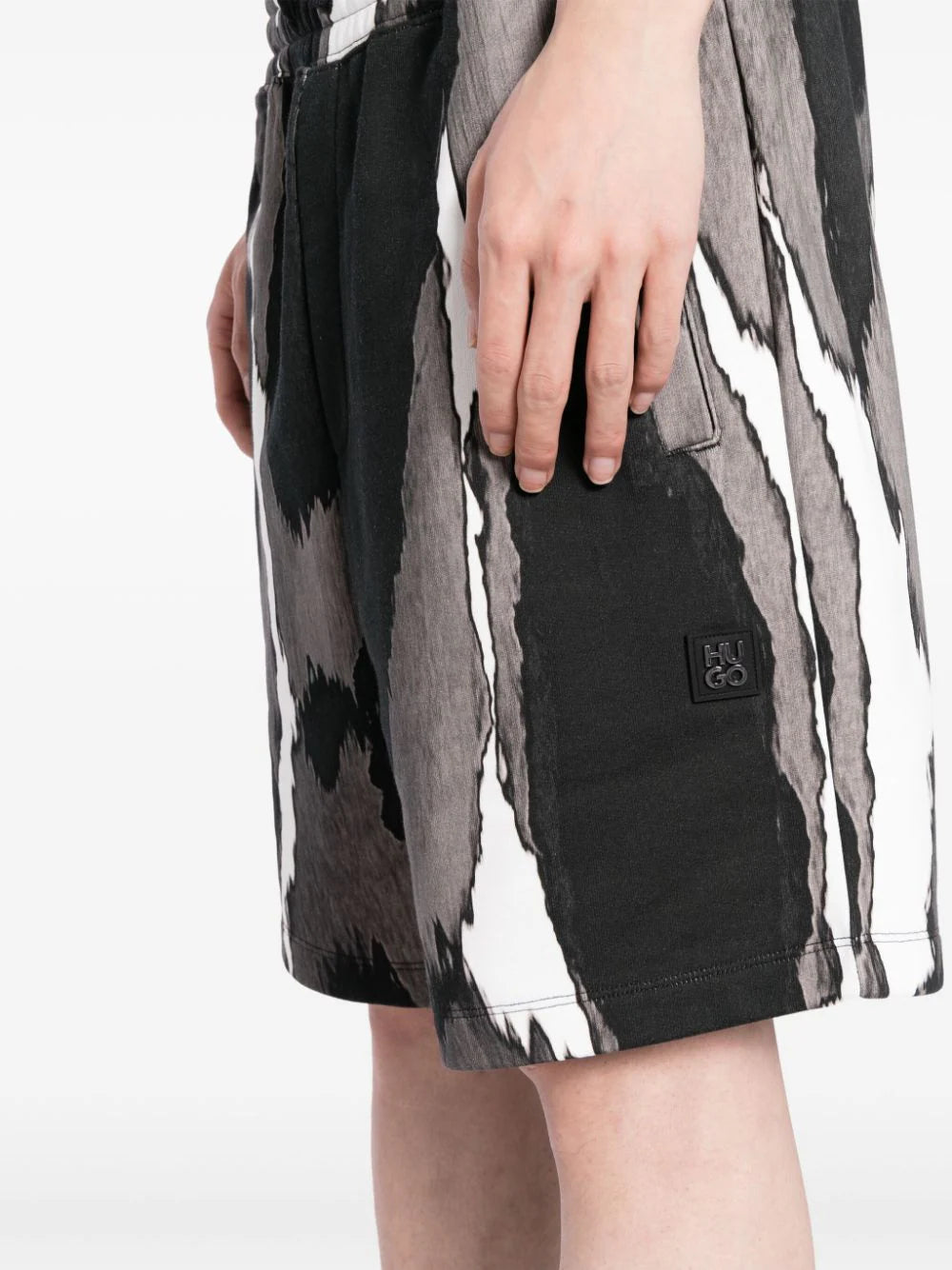HUGO Daverar Jersey Cotton Abstract-Print Cotton Track Pants  Black Grey - MAISONDEFASHION.COM