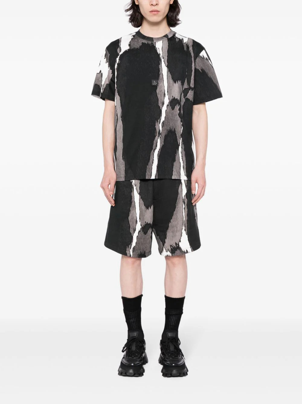 HUGO Daverar Jersey Cotton Abstract-Print Cotton Track Pants  Black Grey - MAISONDEFASHION.COM