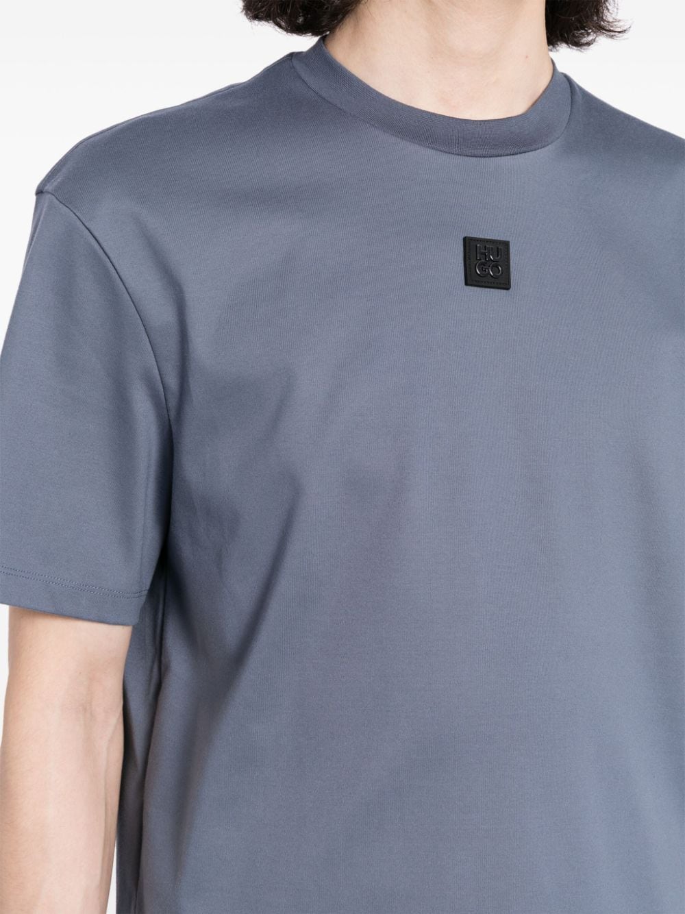 HUGO Square Logo Print Cotton Short Sleeve T-Shirt Open Blue - MAISONDEFASHION.COM