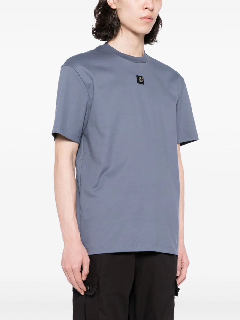HUGO Square Logo Print Cotton Short Sleeve T-Shirt Open Blue - MAISONDEFASHION.COM