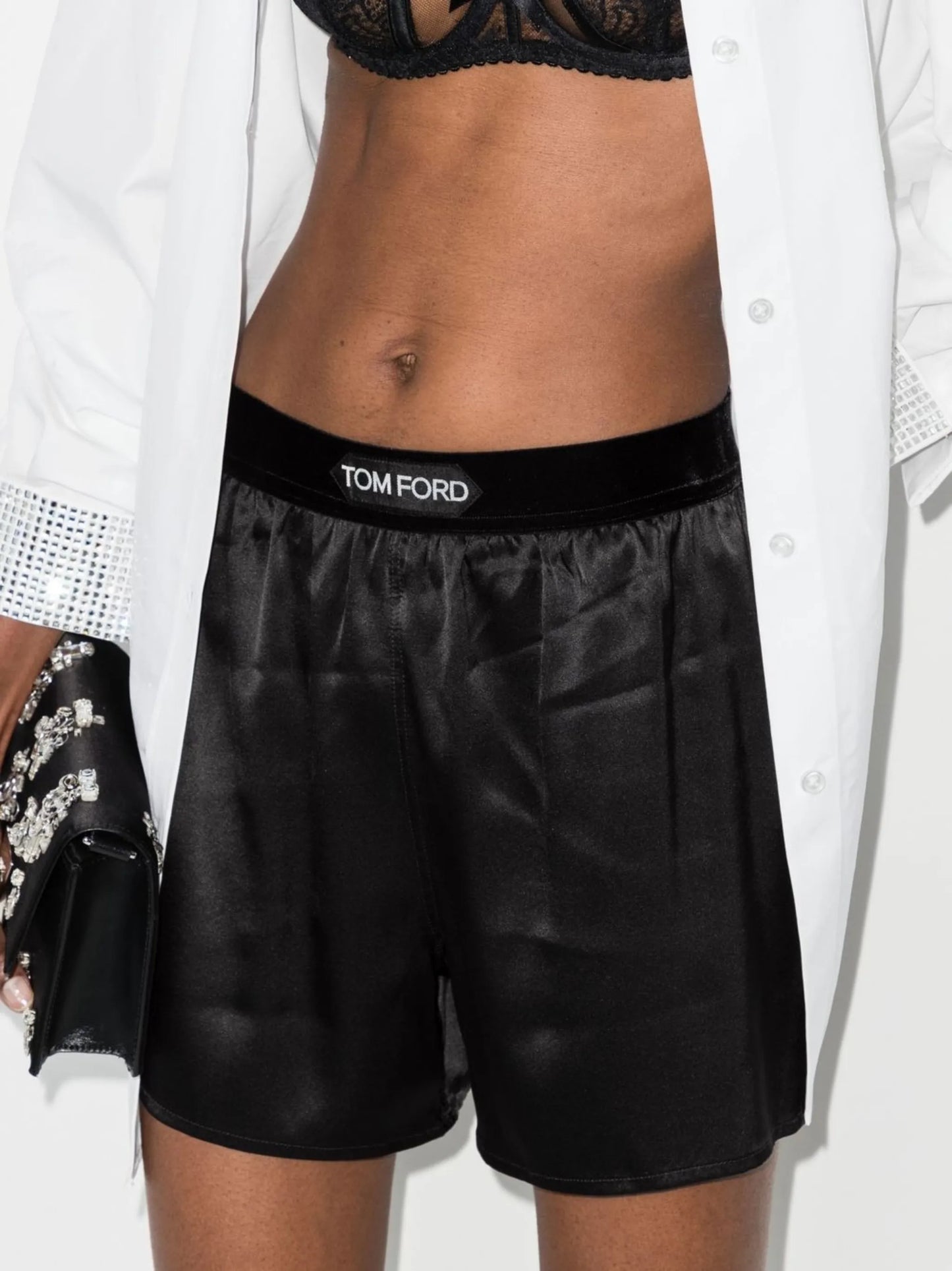 TOM FORD WOMEN Logo Waistband Silk Shorts Black - MAISONDEFASHION.COM