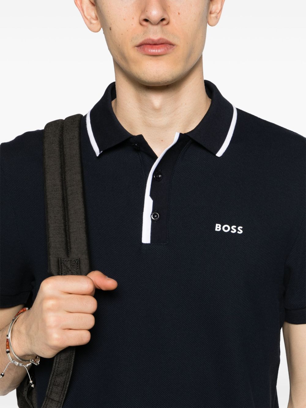 BOSS Paddy 2 Logo Print Pique Polo Shirt Dark Blue - MAISONDEFASHION.COM