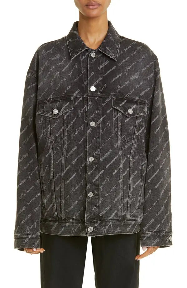 BALENCIAGA WOMEN All Over Logo Denim Jacket Charcoal - MAISONDEFASHION.COM