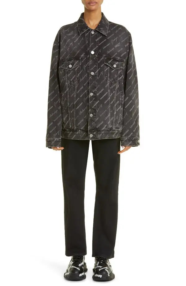 BALENCIAGA WOMEN All Over Logo Denim Jacket Charcoal - MAISONDEFASHION.COM