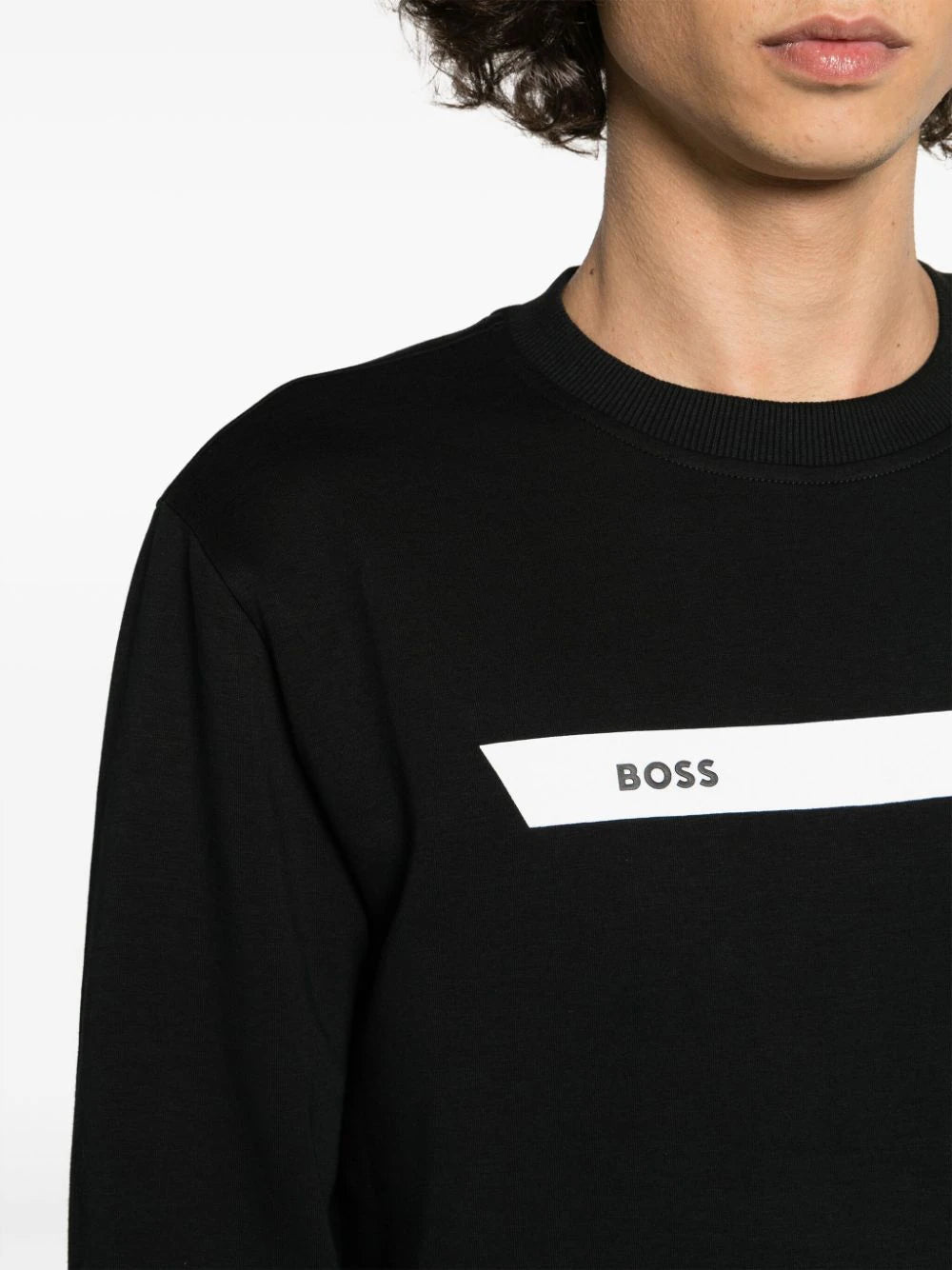 BOSS MEN Logo-print Stripe-detail Sweatshirt Black/White - MAISONDEFASHION.COM