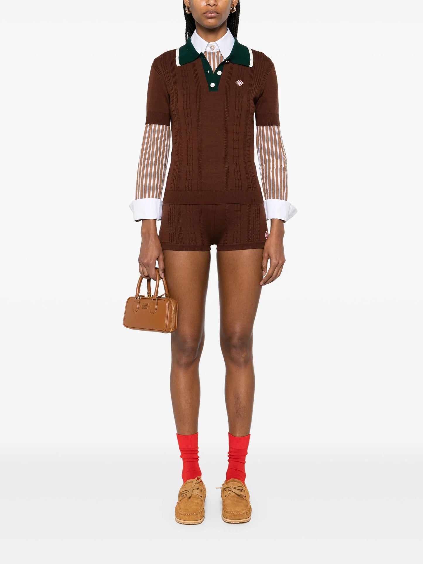 Tシャツ・カットソー CASABLANCA WOMEN Mini Cable Polo Shirt Brown CASABLANCA WOMEN Mini Cable Polo Shirt Brown