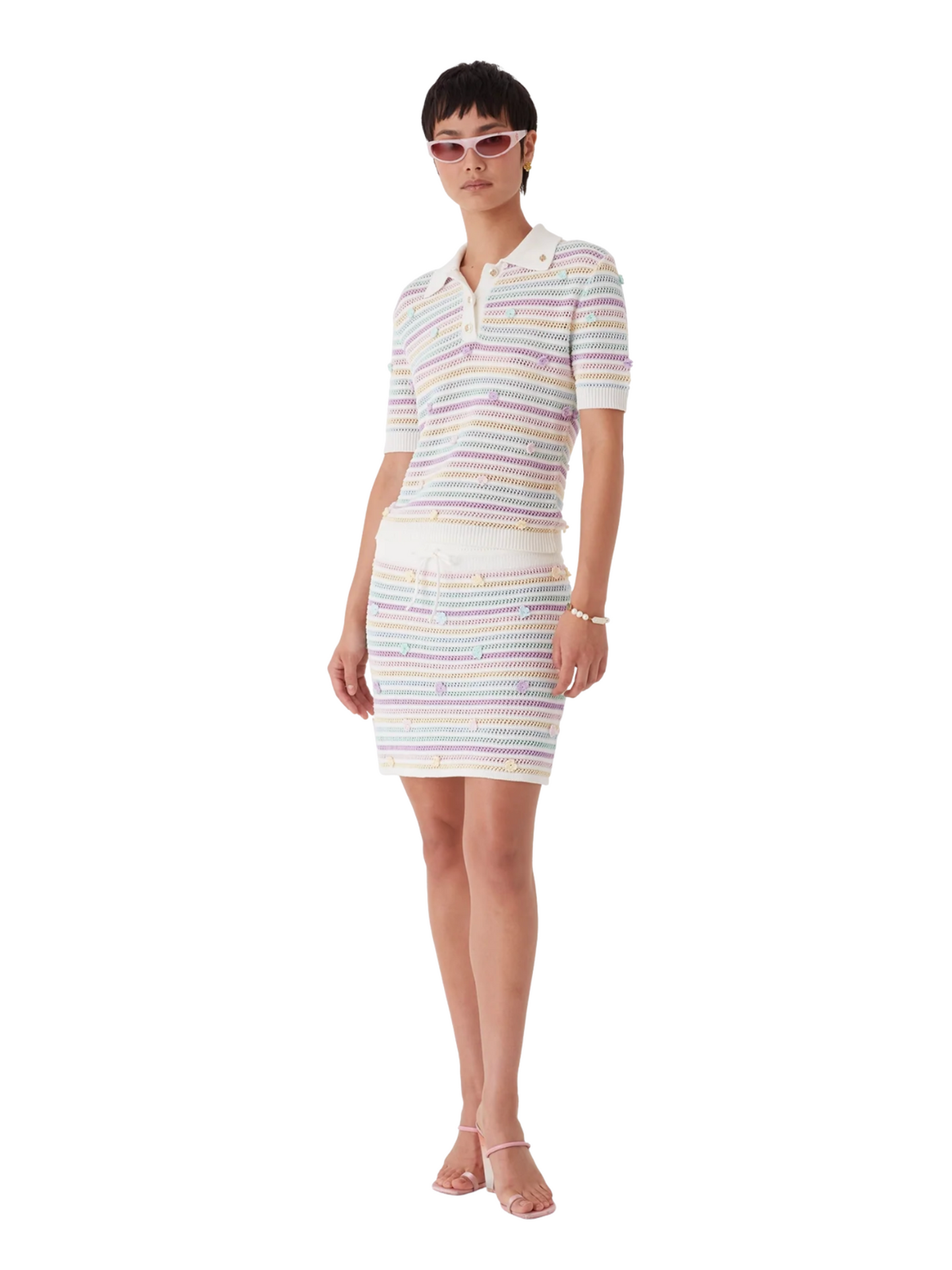 CASABLANCA WOMEN Flower Stripe Cotton Crochet Polo White/Multicolour - MAISONDEFASHION.COM