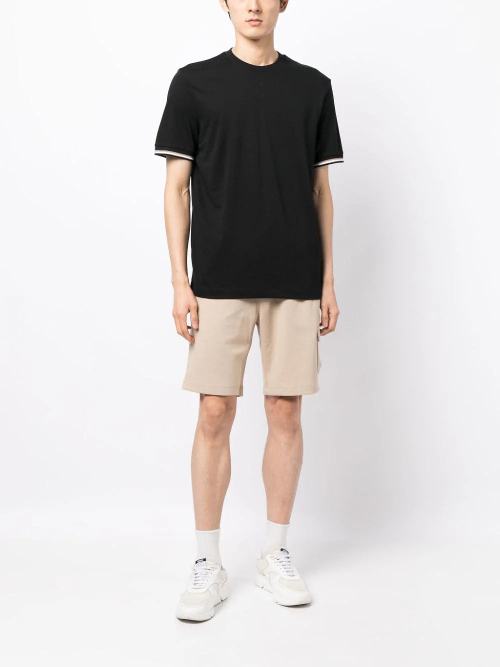 BOSS MEN Stripe-trim Cotton T-shirt Black - MAISONDEFASHION.COM
