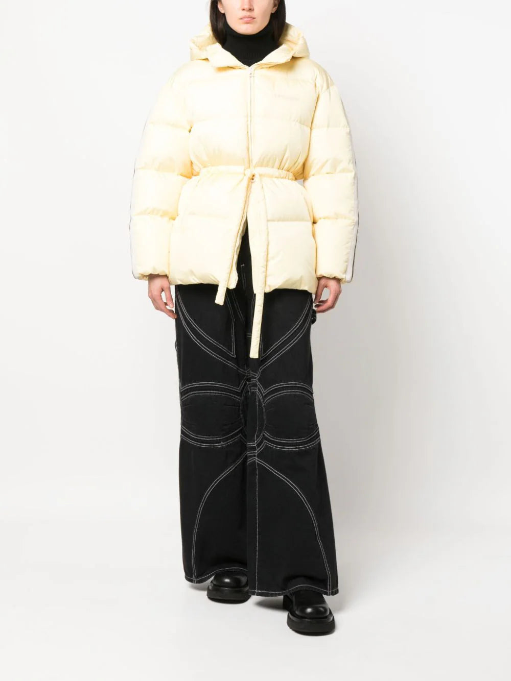 PALM ANGELS WOMEN Waist Belt Down Jacket Butter/Off White - MAISONDEFASHION.COM