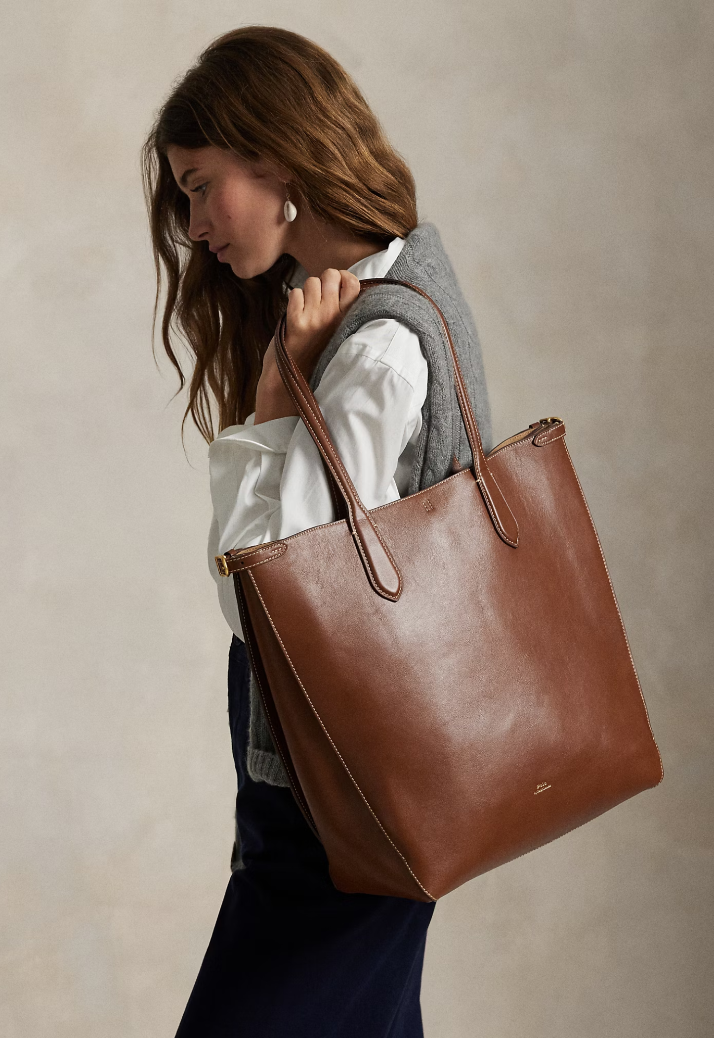 RALPH LAUREN WOMENS Bellport Leather North-South Tote Cuoio - MAISONDEFASHION.COM