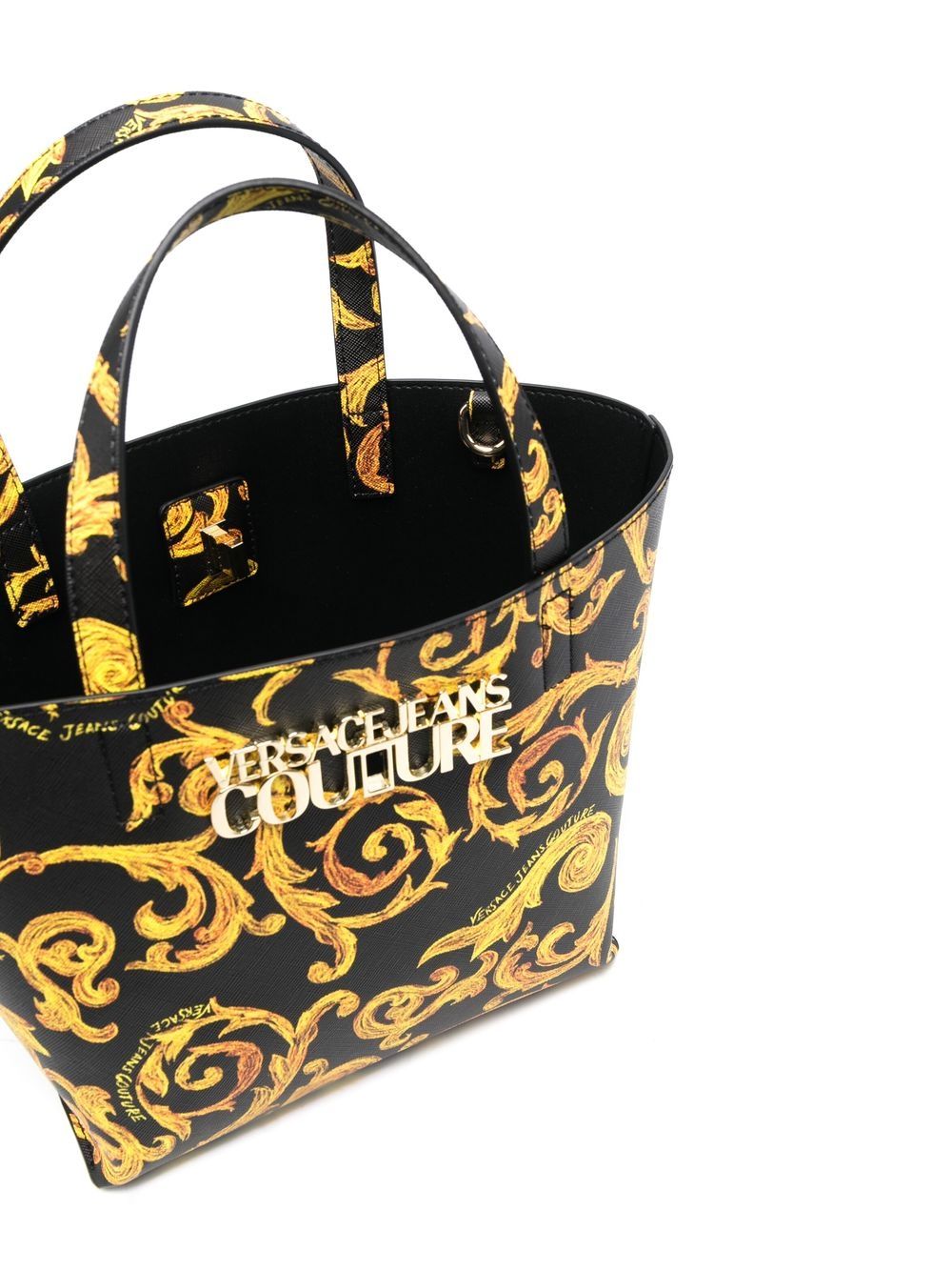 VERSACE WOMEN Baroque Logo Plaque Tote Bag Black/Gold - MAISONDEFASHION.COM