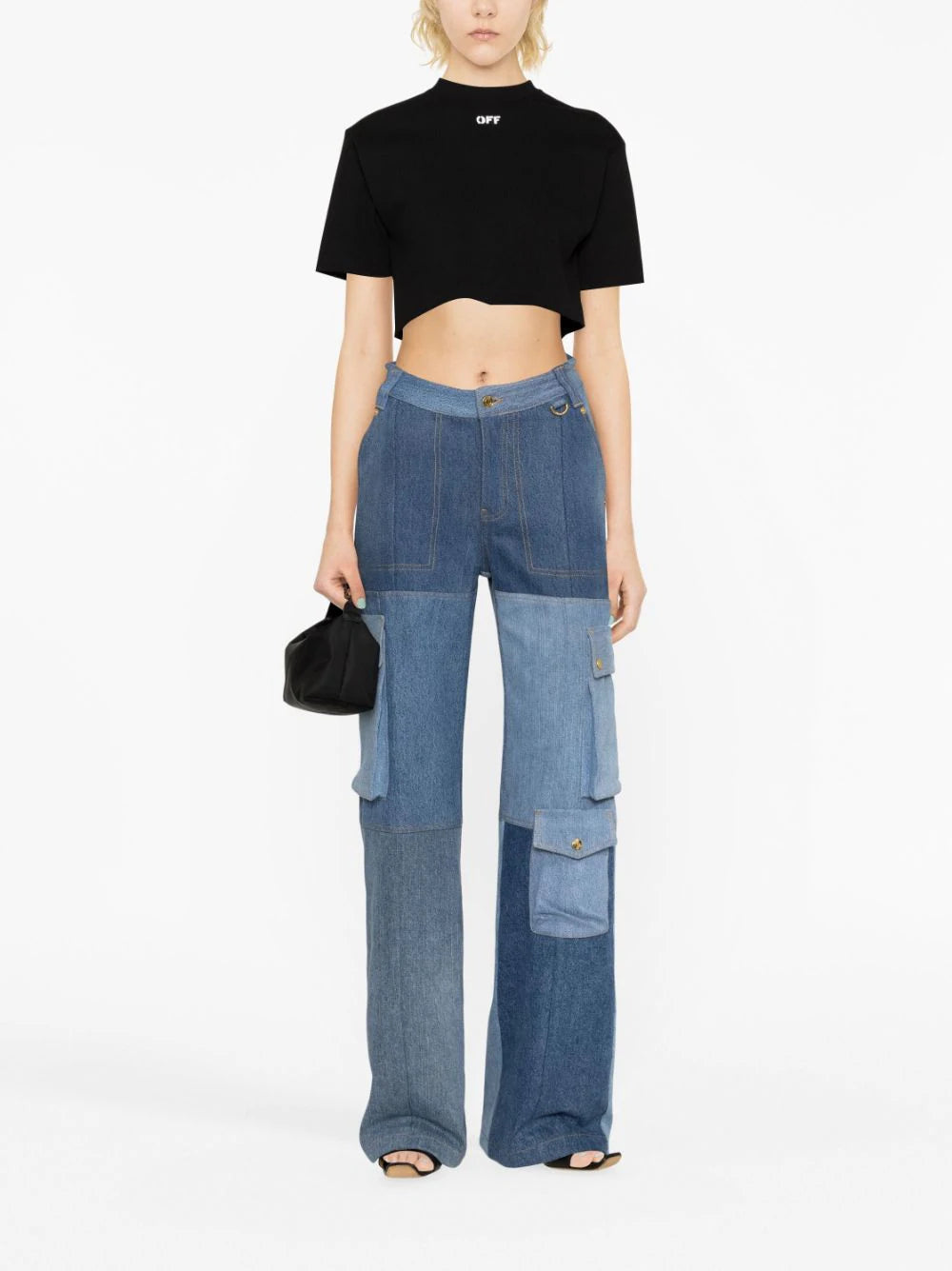 OFF-WHITE WOMEN Logo Print Cropped Top Black/White - MAISONDEFASHION.COM