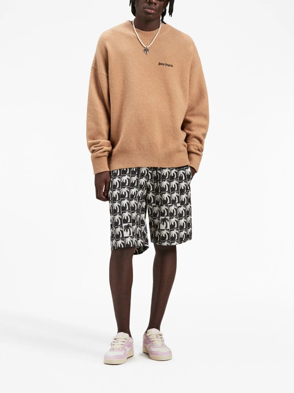 PALM ANGELS MEN Basic Logo Knit Sweatshirt Camel/Black - MAISONDEFASHION.COM