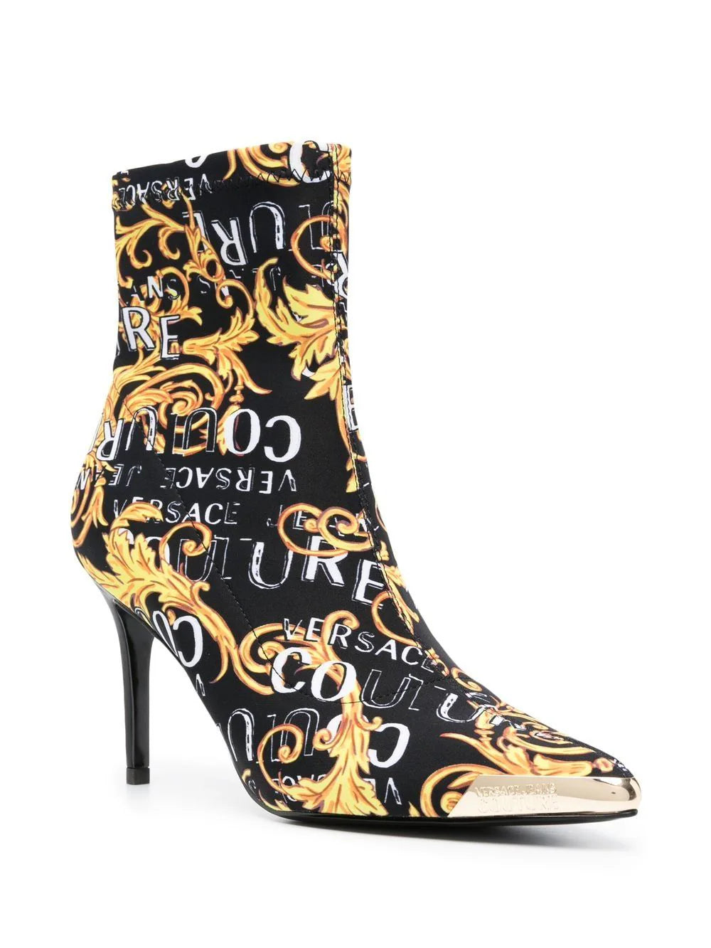 VERSACE WOMEN Baroque Logo Print Scarlett 85mm Heel Boots Black/Gold - MAISONDEFASHION.COM