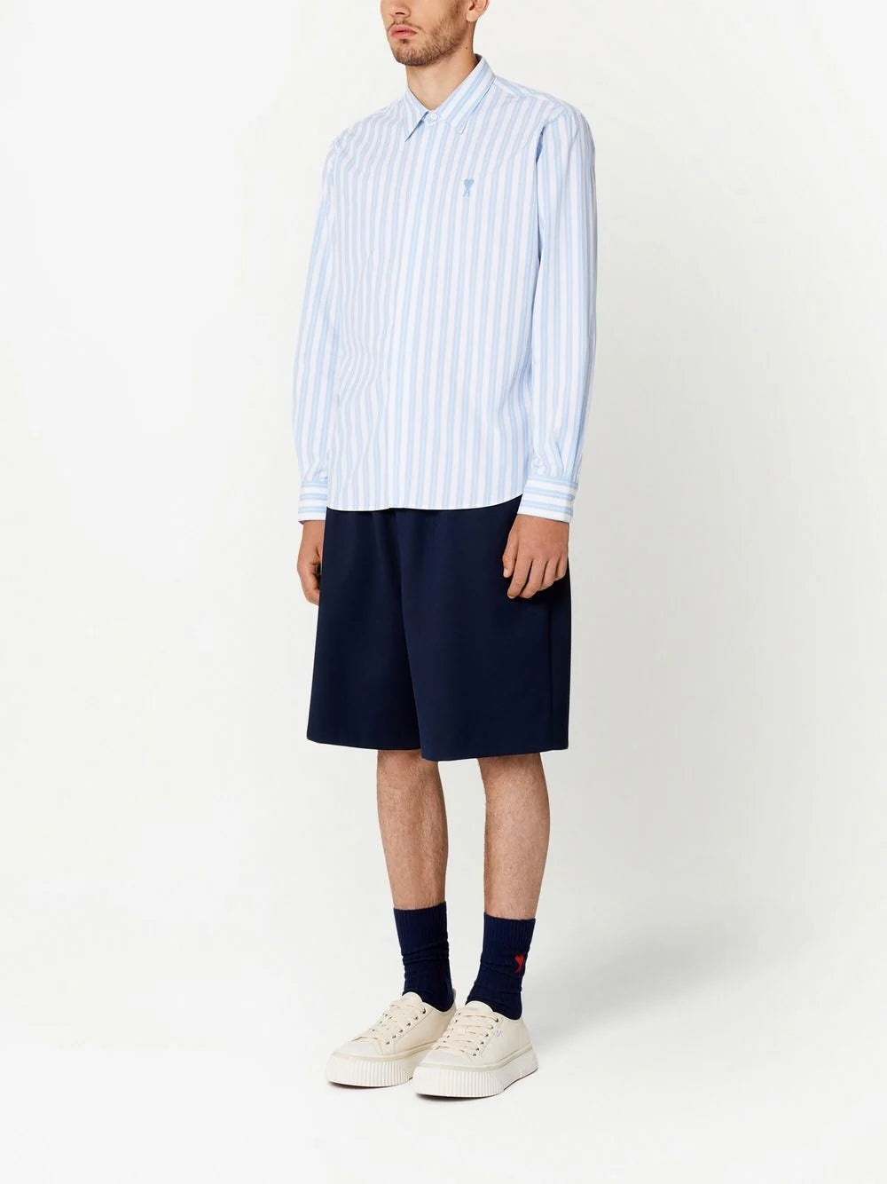 AMI PARIS Stripe Collar Shirt Sky Blue/White - MAISONDEFASHION.COM