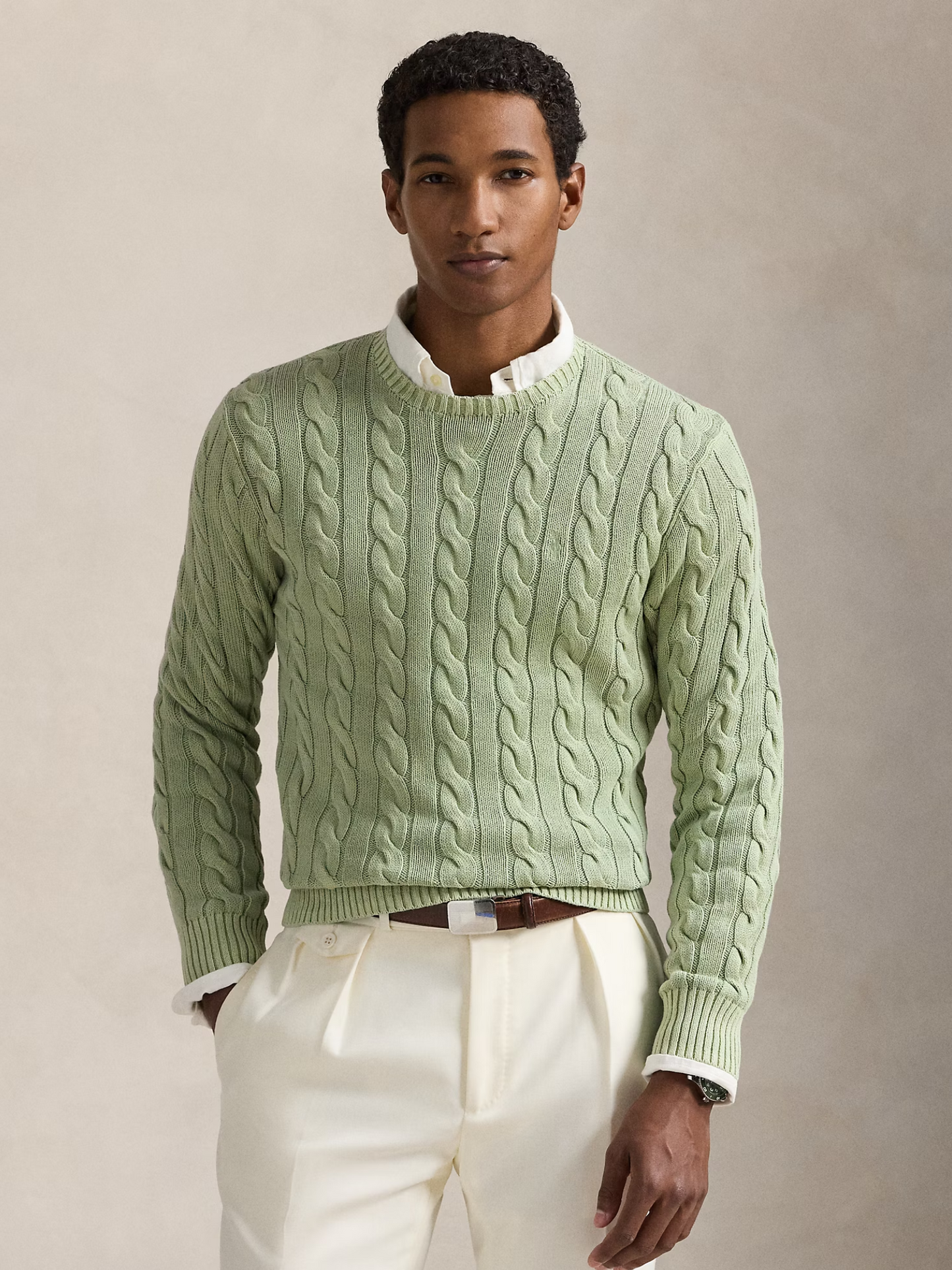 RALPH LAUREN Cable-Knit Mineral-Dyed Cotton Jumper Olive Green