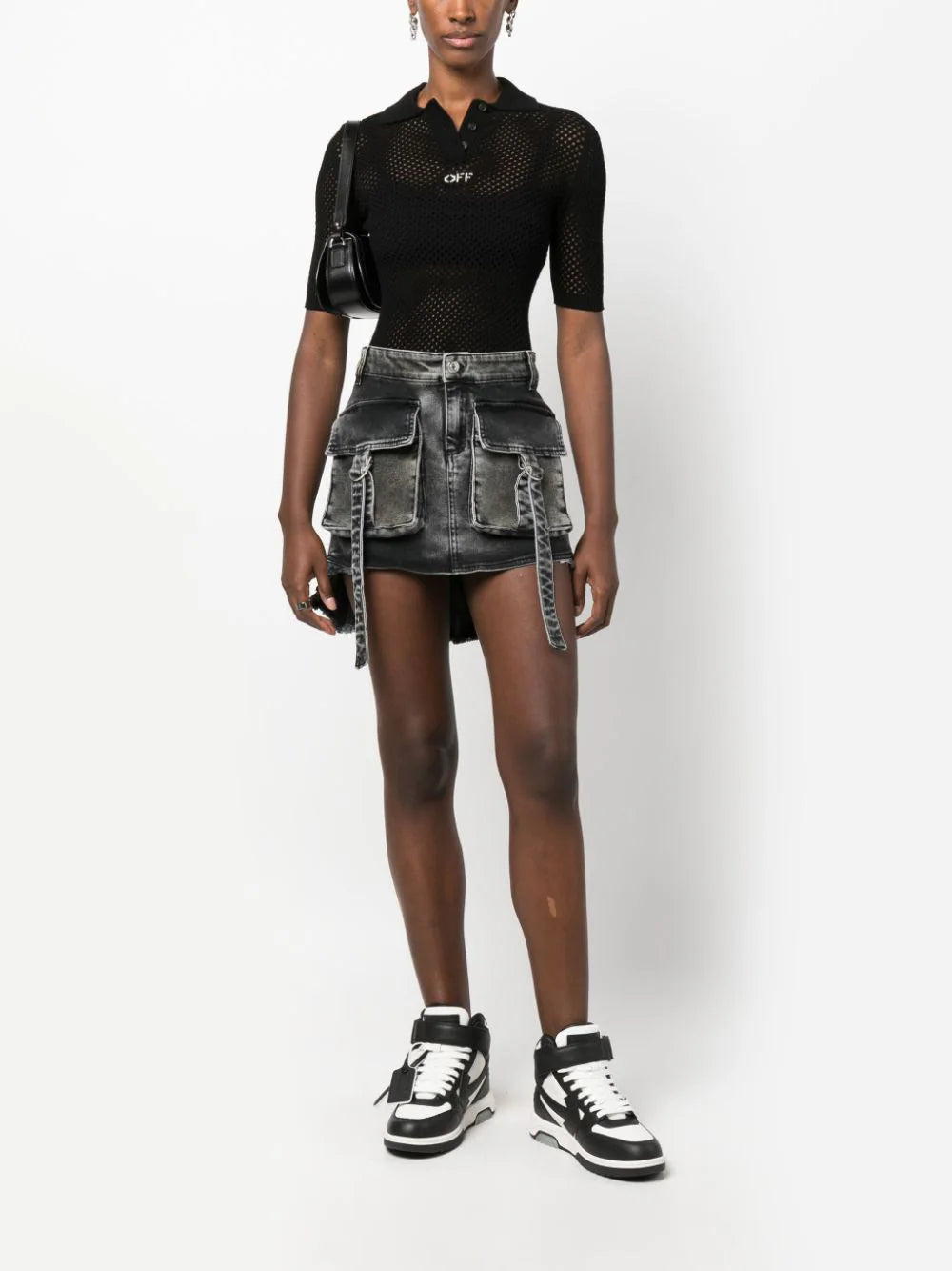 OFF-WHITE WOMEN OFF Stamp Netted Polo Black/White - MAISONDEFASHION.COM