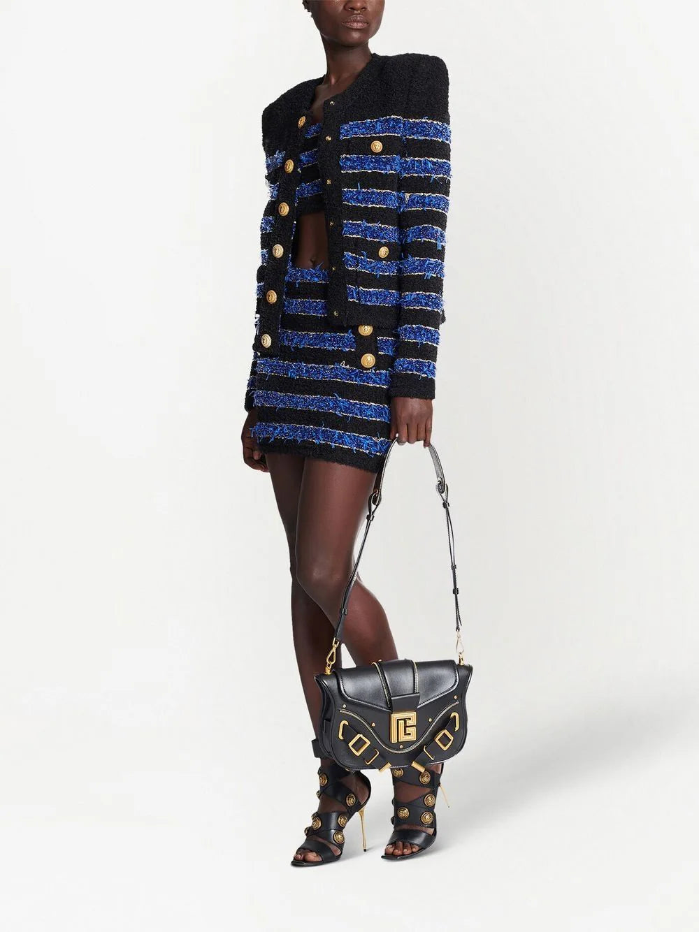 BALMAIN WOMEN Button Detail Tweed Skirt Blue/Black/Gold - MAISONDEFASHION.COM