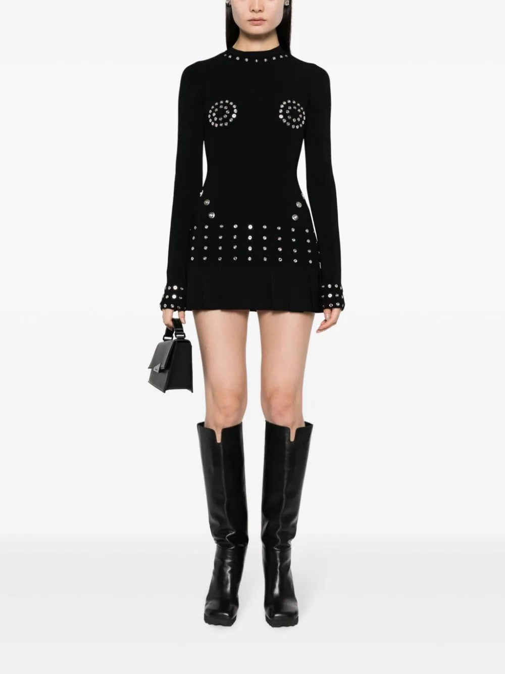 OFF-WHITE WOMEN Eyelet Pleated Mini Dress Black - MAISONDEFASHION.COM