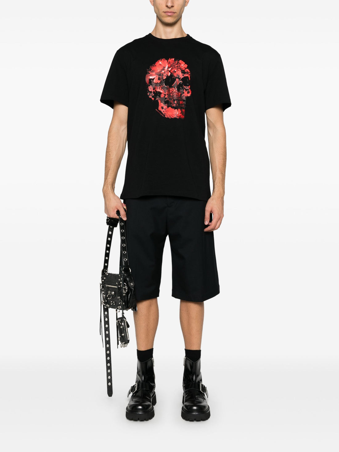 ALEXANDER MCQUEEN Floral Skull Print Cotton T-Shirt Black/Red