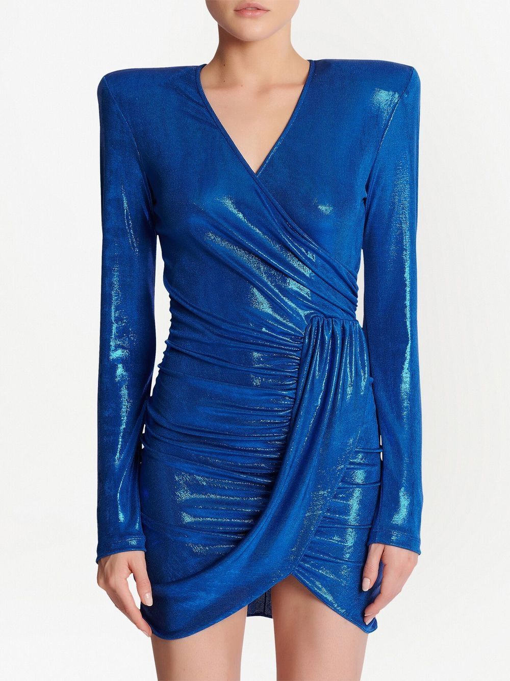 BALMAIN WOMEN LS Draped Laminated Jersey Short Dress Electric Blue - MAISONDEFASHION.COM