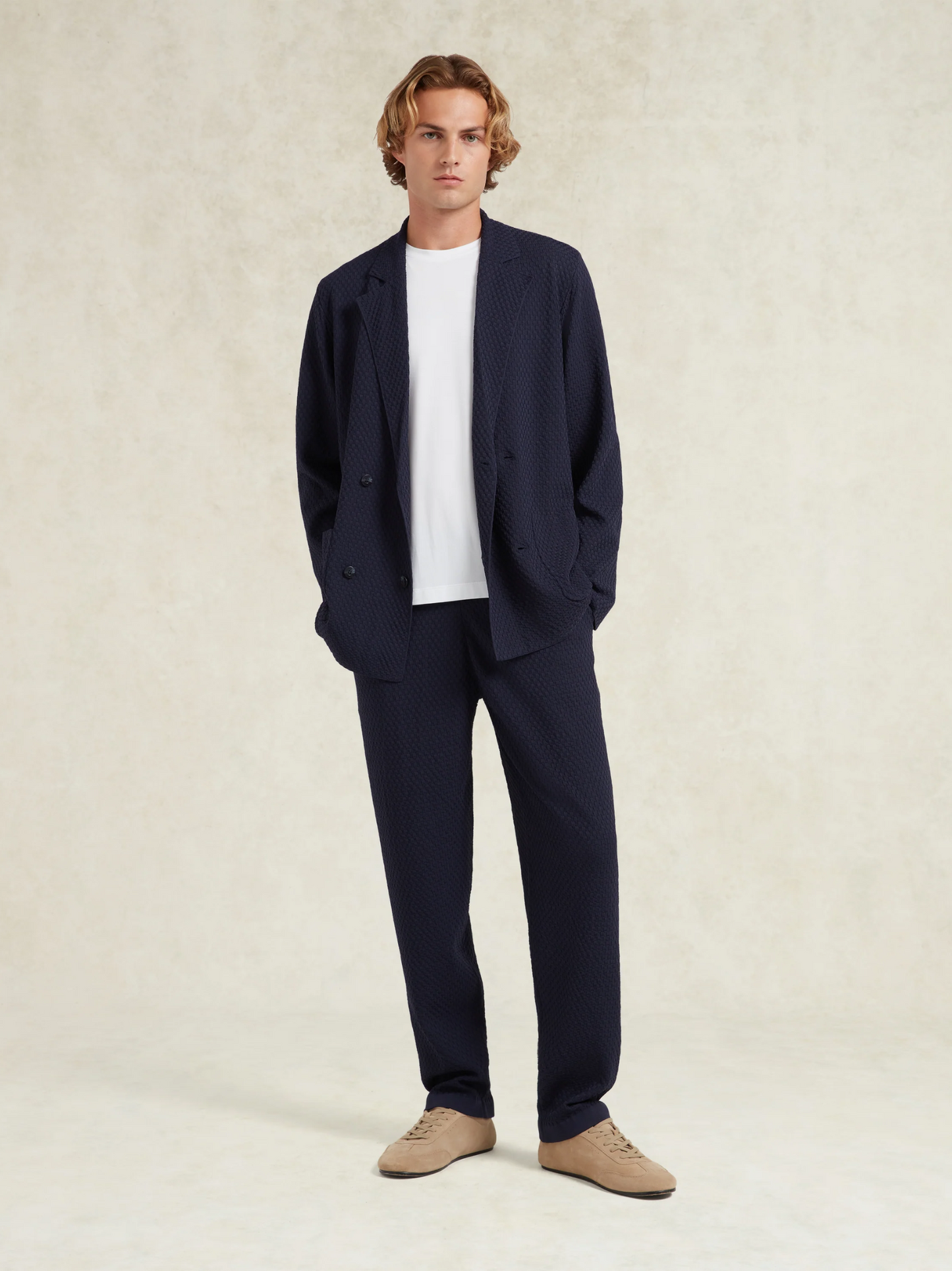 CHÉ Garcia Knitted Blazer Navy - Back view displaying clean lines and structured fit of the knitted blazer silhouette