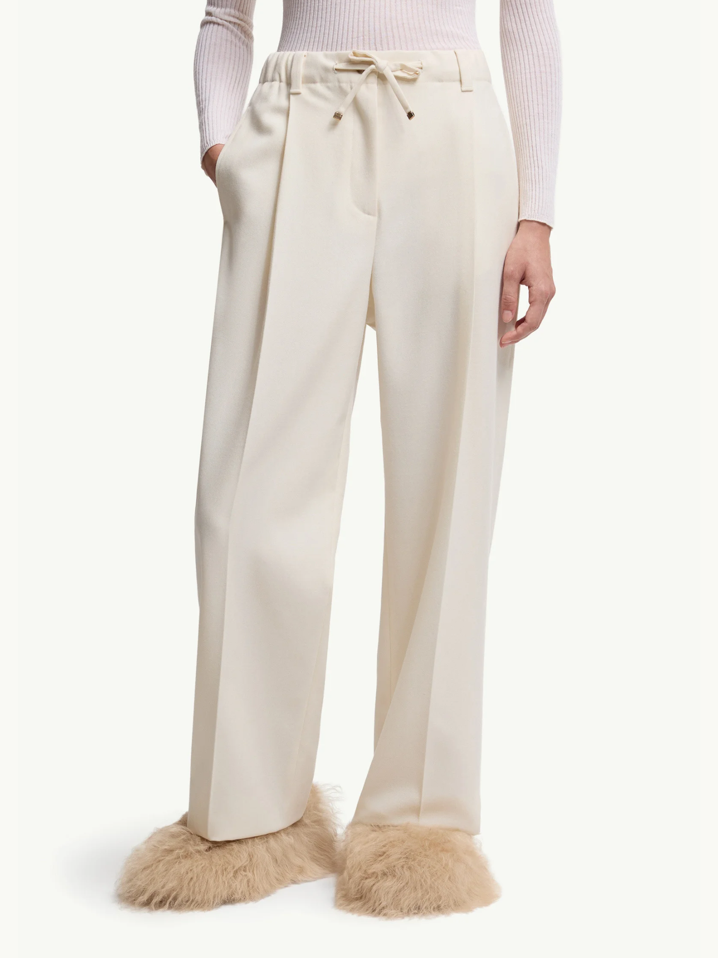 MONCLER WOMEN Wool Gabardine Tailored Pants White - MAISONDEFASHION.COM