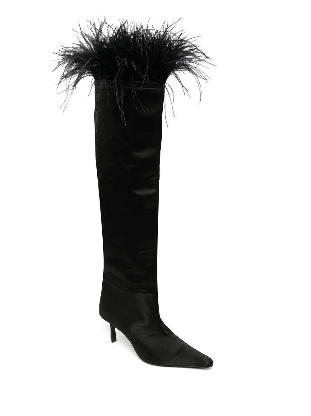 ALEXANDER WANG WOMEN Viola Feather-trim Satin Boots Black - MAISONDEFASHION.COM