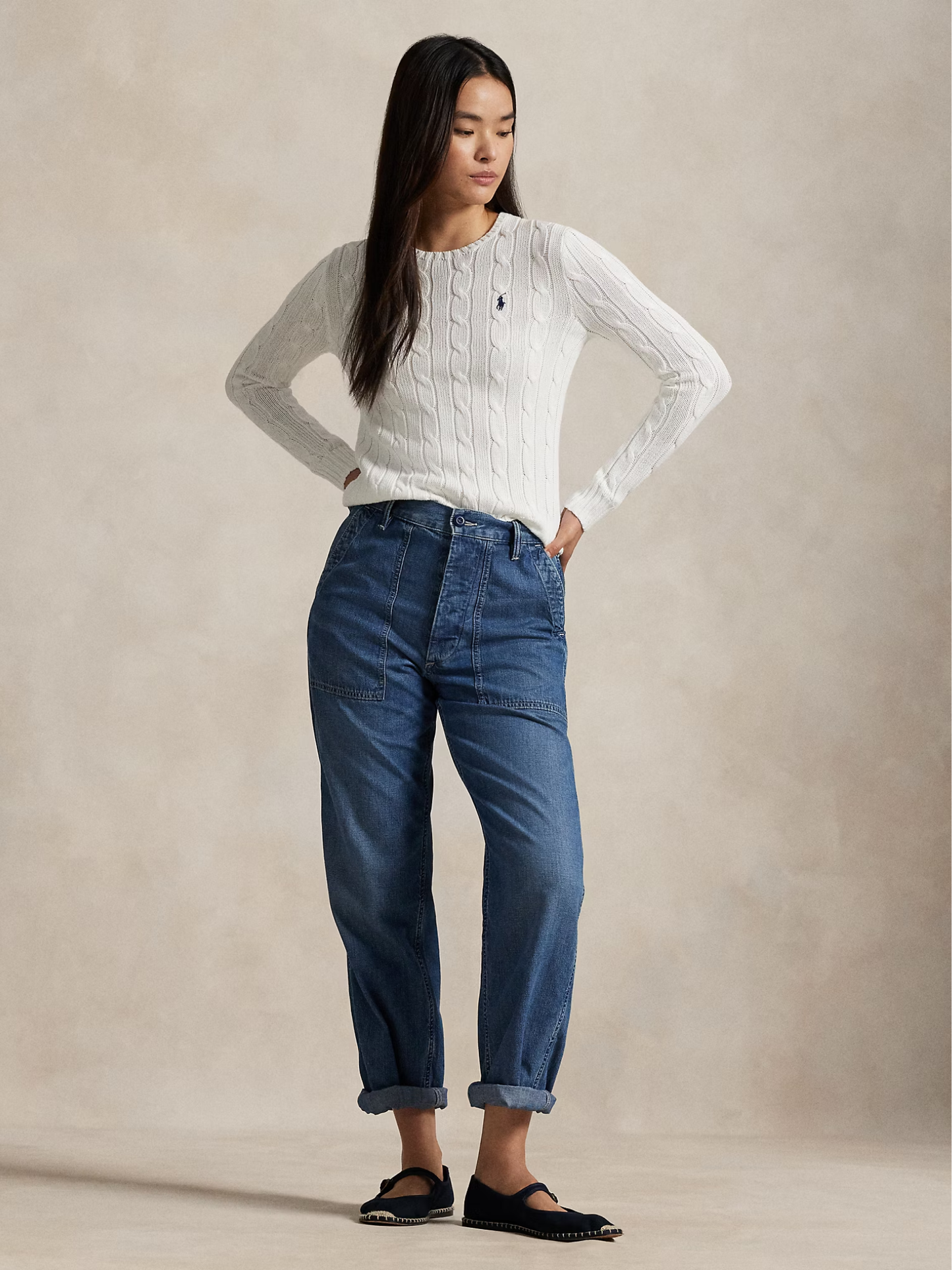 RALPH LAUREN WOMEN Cable-Knit Cotton Crewneck Jumper White - MAISONDEFASHION.COM