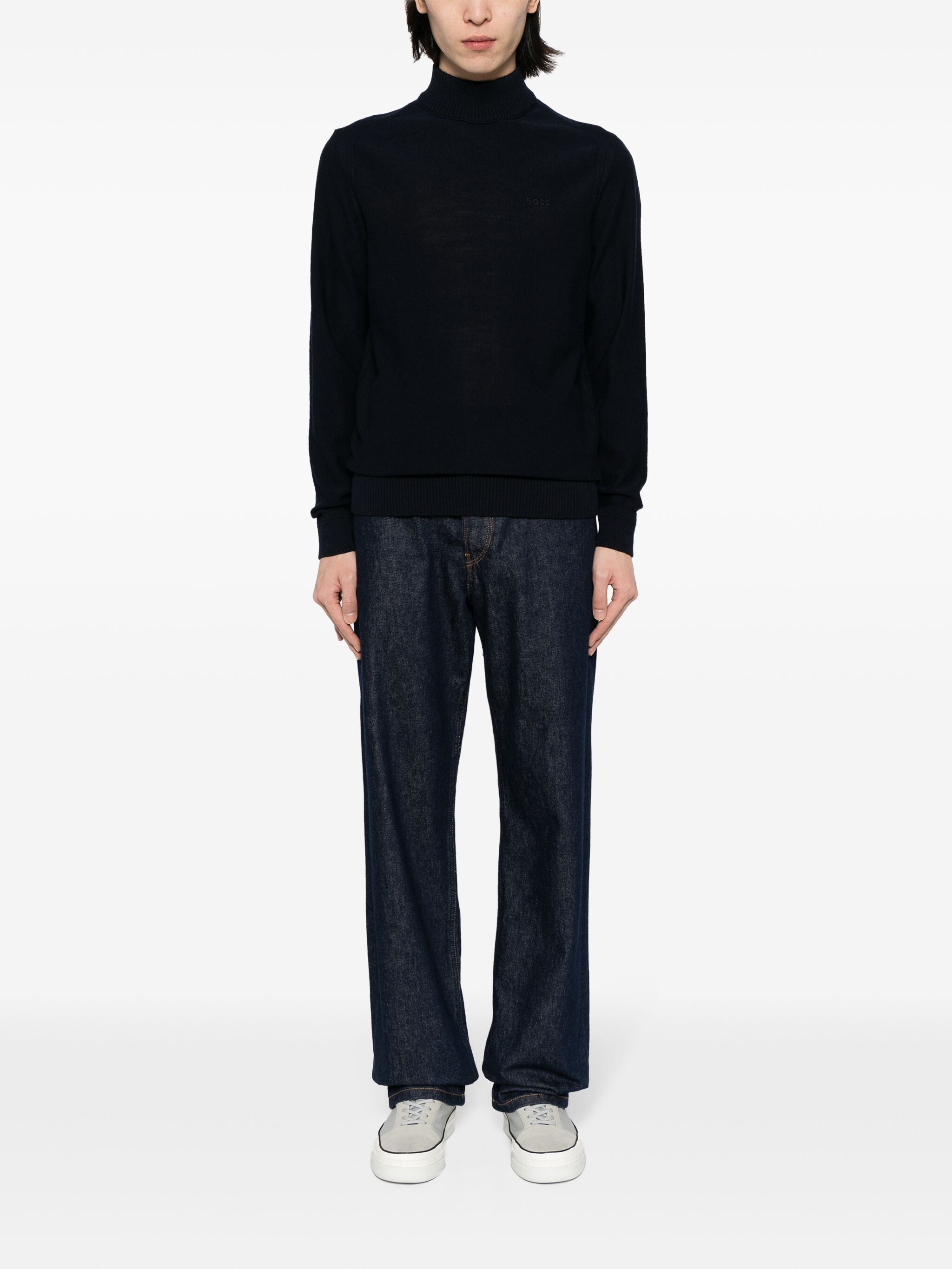 スウェット・トレーナー BOSS Logo Embroidered Wool Blend Turtle Neck Sweater Navy BOSS Logo Embroidered Wool Blend Turtle Neck Sweater Navy
