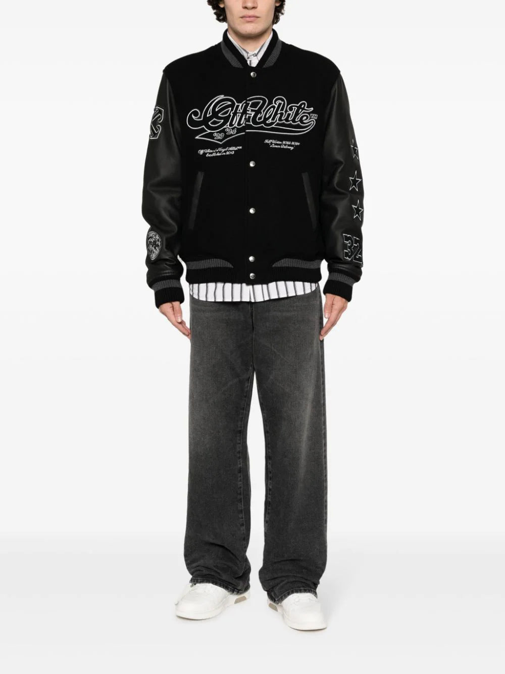 OFF-WHITE MEN Tyre Moon Varsity Jacket Black/Black - MAISONDEFASHION.COM