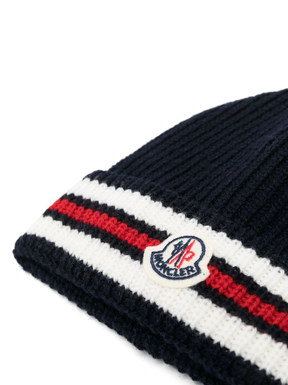 MONCLER BABY Logo Tricolour Knit Striped Hat Navy - MAISONDEFASHION.COM