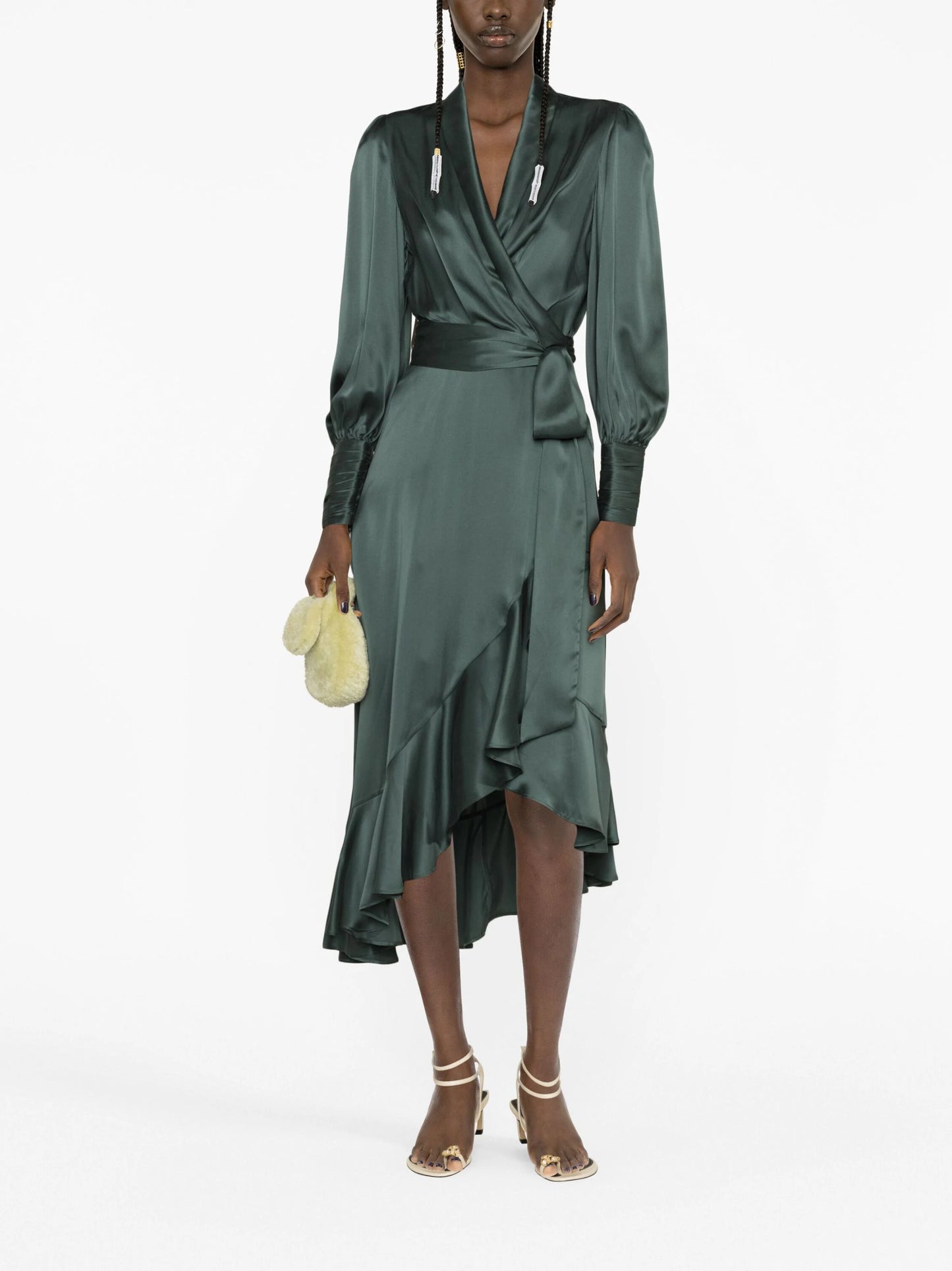 ZIMMERMANN WOMEN Silk Wrap Midi Dress Dark Green MAISONDEFASHION.COM ZIMMERMANN WOMEN Silk Wrap Midi Dress Dark Green MAISONDEFASHION.COM