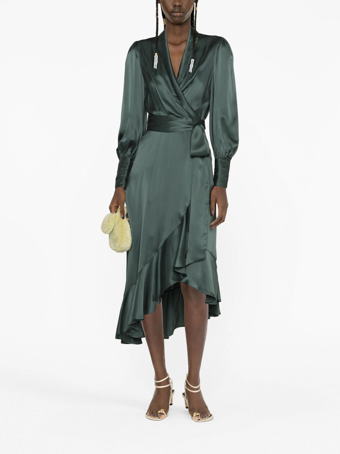 ZIMMERMANN WOMEN Silk Wrap Midi Dress Dark Green - MAISONDEFASHION.COM