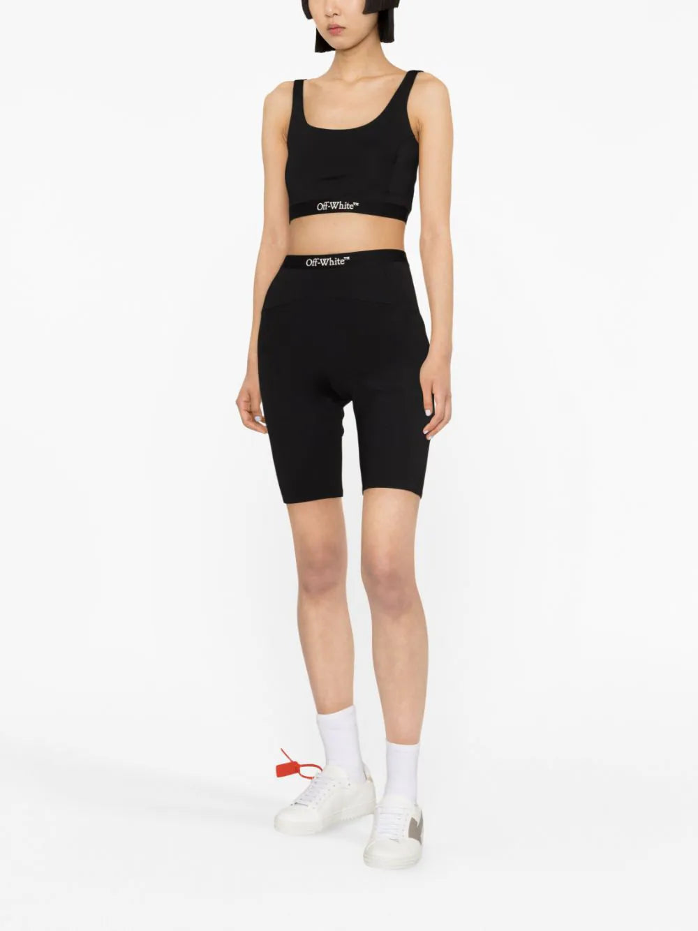 OFF WHITE WOMEN Logo Band Cycling Shorts Black White MAISONDEFASHION.COM