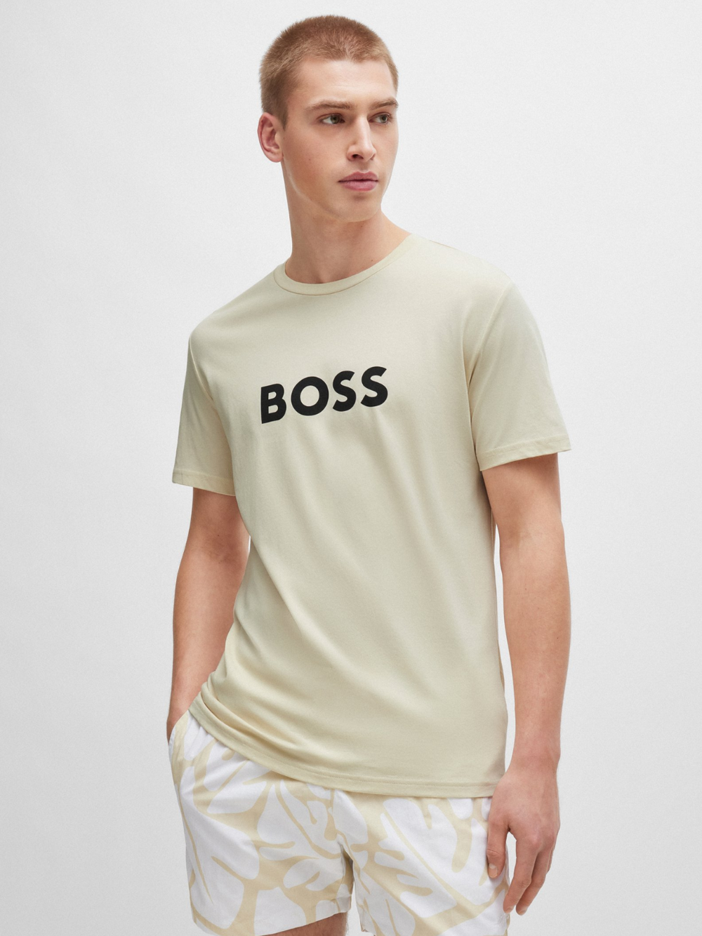 BOSS MEN Logo-print Cotton Regular-fit T-Shirt Beige Open White - MAISONDEFASHION.COM