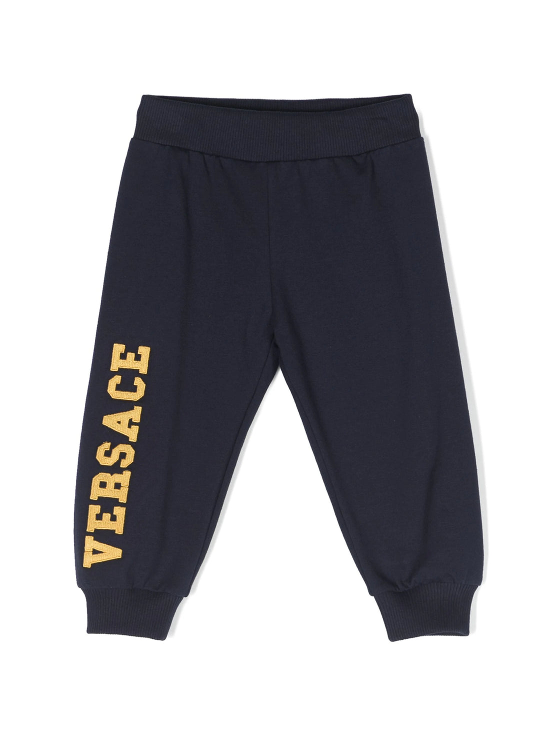 VERSACE BABY Boys Logo-embroidered Cotton Track Trousers Navy/Yellow - MAISONDEFASHION.COM